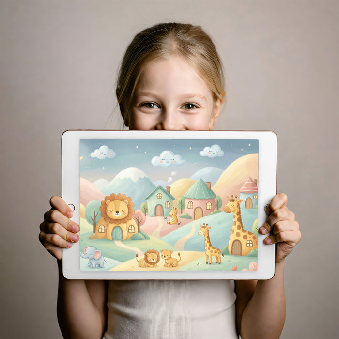 Pastel Safari Animal Village Landscape Wall Mural Custom Size, Peel and Stick or Non-Woven, Sweet Nursery Wallpaper for Kids Room and Playroom