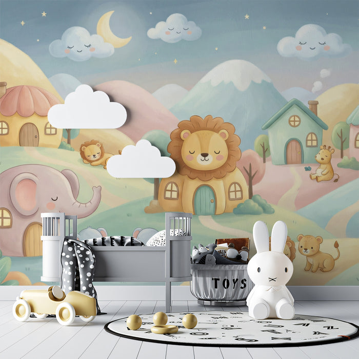 Pastel Safari Animal Village Landscape Wall Mural Custom Size, Peel and Stick or Non-Woven, Sweet Nursery Wallpaper for Kids Room and Playroom