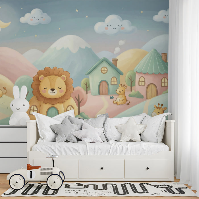 Pastel Safari Animal Village Landscape Wall Mural Custom Size, Peel and Stick or Non-Woven, Sweet Nursery Wallpaper for Kids Room and Playroom