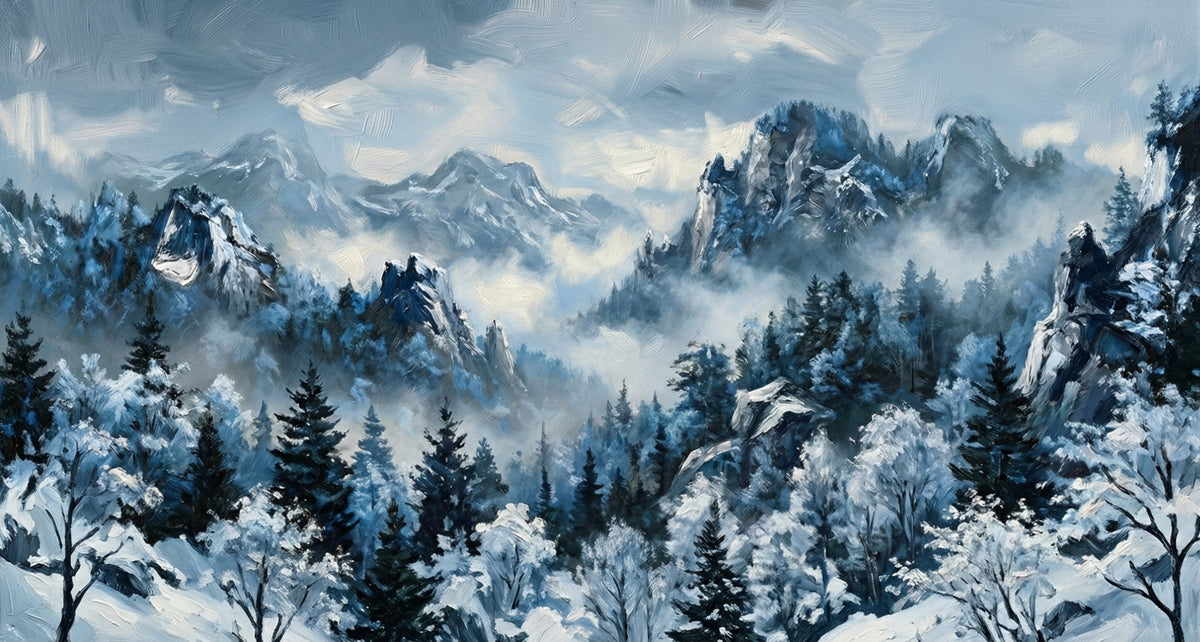 Moody Winter Snowy Mountain Forest Oil Painting Wall Mural Custom Size, Peel and Stick or Non-Woven, Cold Nature Landscape Wallpaper for Bedroom or Living Room or Office
