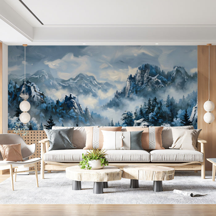Moody Winter Snowy Mountain Forest Oil Painting Wall Mural Custom Size, Peel and Stick or Non-Woven, Cold Nature Landscape Wallpaper for Bedroom or Living Room or Office