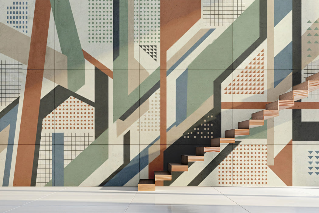 Retro Mid-Century Geometric Abstract Wall Mural Custom Size, Peel and Stick or Non-Woven, Modern Pattern Wallpaper for Reception or Exhibition Hall