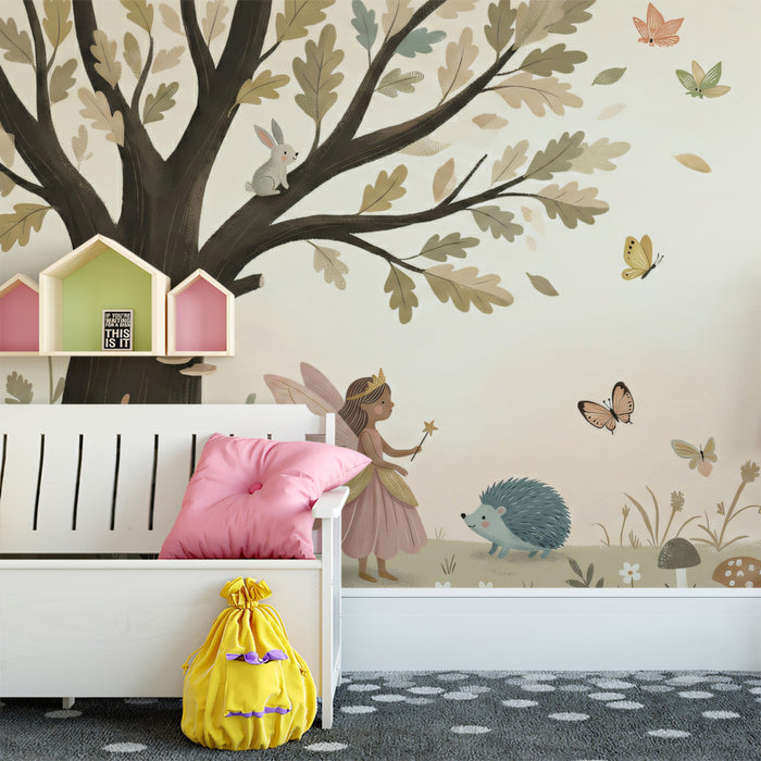 Sweet Woodland Fairy and Animals Wall Mural Custom Size, Peel and Stick or Non-Woven, Pastel Nursery Wallpaper for Kids Room and Playroom
