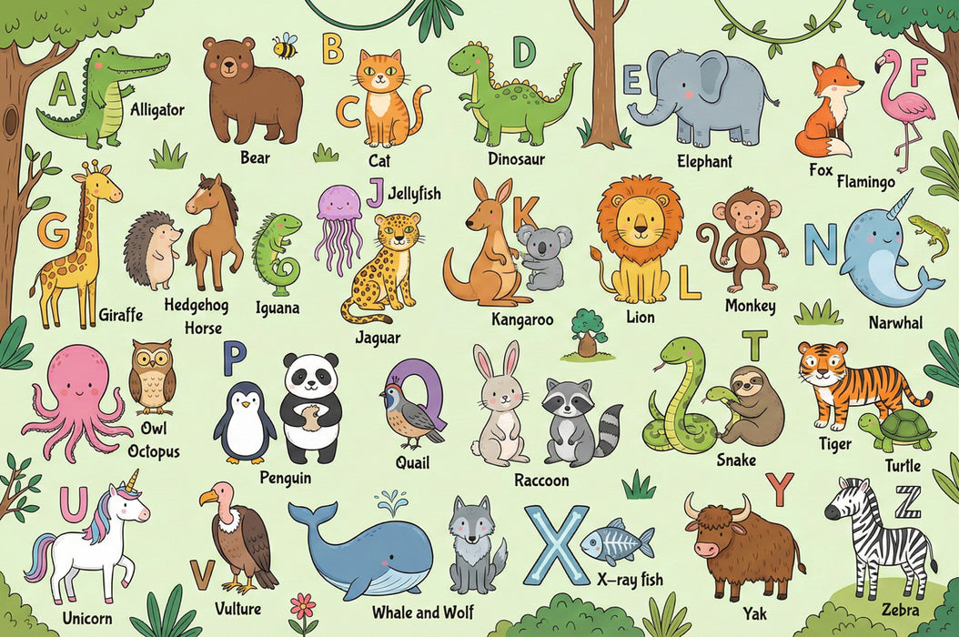 Educational Animal Alphabet Chart Wall Mural Custom Size, Peel and Stick or Non-Woven, Cute ABC Wallpaper for Nursery Kids Room and Playroom