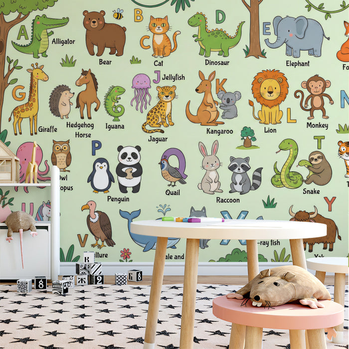 Educational Animal Alphabet Chart Wall Mural Custom Size, Peel and Stick or Non-Woven, Cute ABC Wallpaper for Nursery Kids Room and Playroom