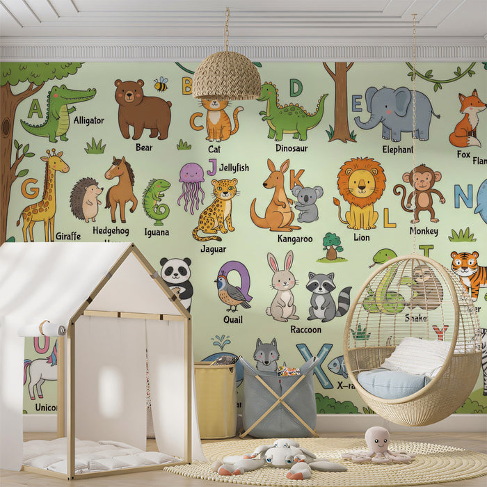Educational Animal Alphabet Chart Wall Mural Custom Size, Peel and Stick or Non-Woven, Cute ABC Wallpaper for Nursery Kids Room and Playroom