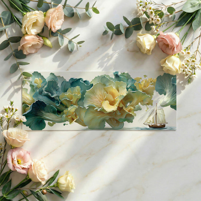 Surreal Giant Coral Fungi and Sailboat Wall Mural Custom Size, Peel and Stick or Non-Woven, Fantasy Abstract Wallpaper for a study of restaurant