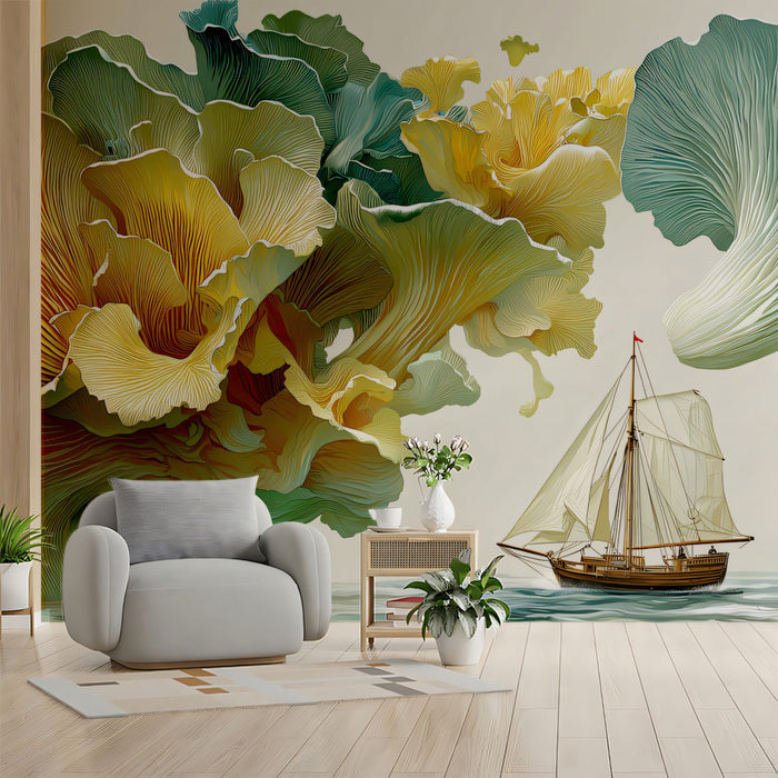 Surreal Giant Coral Fungi and Sailboat Wall Mural Custom Size, Peel and Stick or Non-Woven, Fantasy Abstract Wallpaper for a study of restaurant