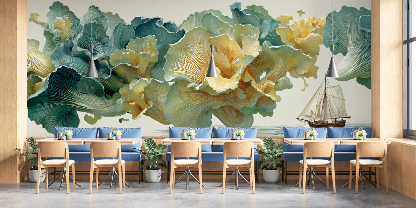 Surreal Giant Coral Fungi and Sailboat Wall Mural Custom Size, Peel and Stick or Non-Woven, Fantasy Abstract Wallpaper for a study of restaurant