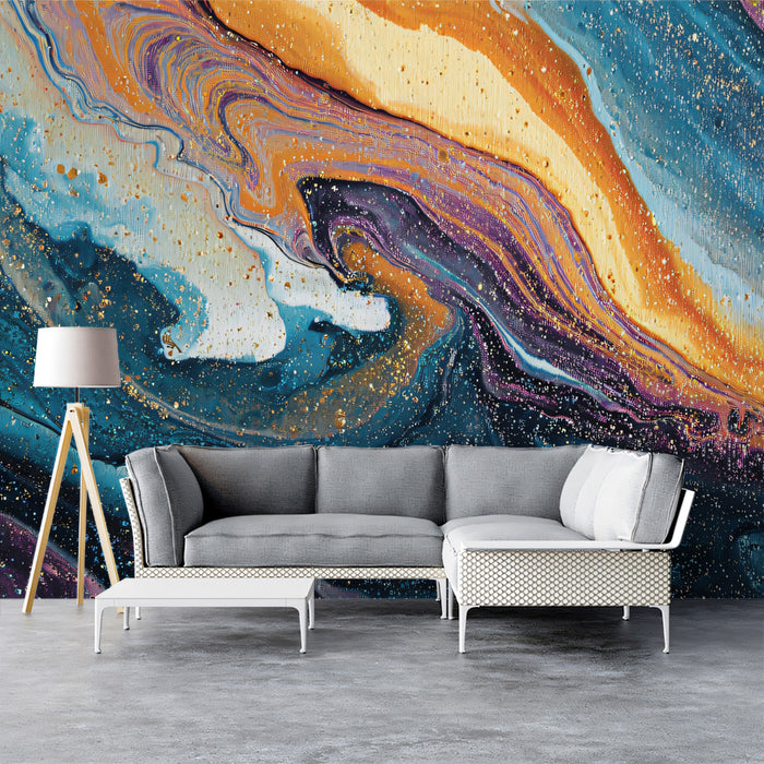 Vibrant Cosmic Fluid Art Wall Mural Custom Size, Peel and Stick or Non-Woven, Abstract Galaxy Paint Wallpaper for Bar or Studio