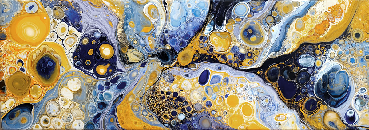 Abstract Blue and Gold Cellular Fluid Art Wall Mural Custom Size, Peel and Stick or Non-Woven, Modern Liquid Paint Wallpaper for Exhibition Hall or Office