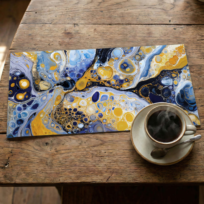 Abstract Blue and Gold Cellular Fluid Art Wall Mural Custom Size, Peel and Stick or Non-Woven, Modern Liquid Paint Wallpaper for Exhibition Hall or Office