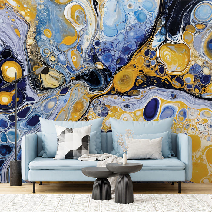 Abstract Blue and Gold Cellular Fluid Art Wall Mural Custom Size, Peel and Stick or Non-Woven, Modern Liquid Paint Wallpaper for Exhibition Hall or Office