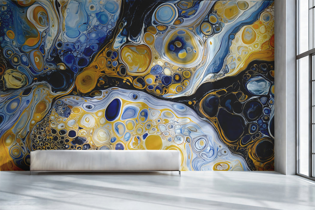 Abstract Blue and Gold Cellular Fluid Art Wall Mural Custom Size, Peel and Stick or Non-Woven, Modern Liquid Paint Wallpaper for Exhibition Hall or Office