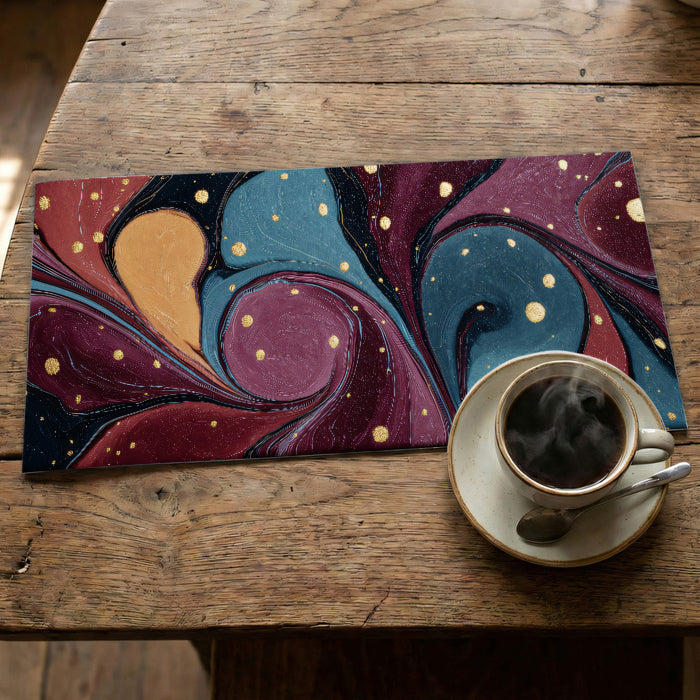 Elegant Burgundy and Teal Swirl Fluid Art Wall Mural Custom Size, Peel and Stick or Non-Woven, Luxurious Gold Leaf Abstract Wallpaper for Bedroom or Hotel