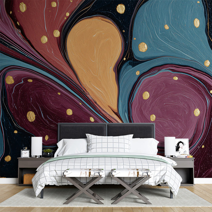 Elegant Burgundy and Teal Swirl Fluid Art Wall Mural Custom Size, Peel and Stick or Non-Woven, Luxurious Gold Leaf Abstract Wallpaper for Bedroom or Hotel