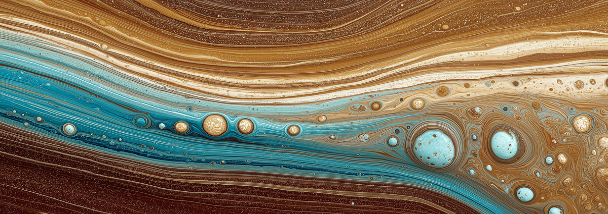 Earthy Turquoise and Copper Liquid Strata Wall Mural Custom Size, Peel and Stick or Non-Woven, Abstract Coastal Fluid Art Wallpaper for a Shop or Hall