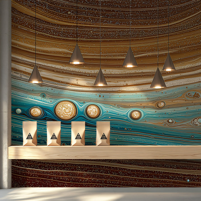 Earthy Turquoise and Copper Liquid Strata Wall Mural Custom Size, Peel and Stick or Non-Woven, Abstract Coastal Fluid Art Wallpaper for a Shop or Hall