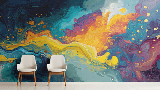 Two white chairs in front of a vibrant, abstract wall mural with swirling colors.