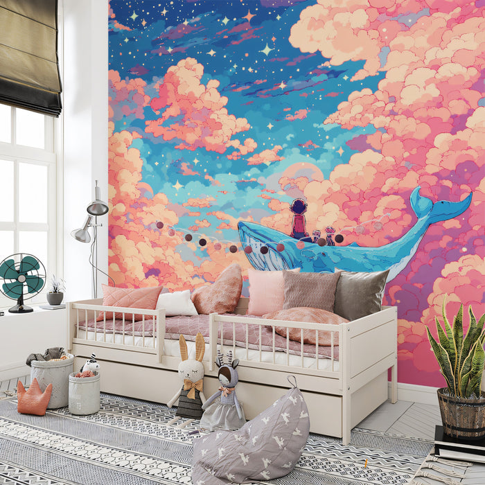 Whimsical Flying Whale Cloud Wallpaper, Pastel Fantasy Nursery Mural, Dreamy Anime Style Wall Decor, Custom Kids Room Peel and Stick