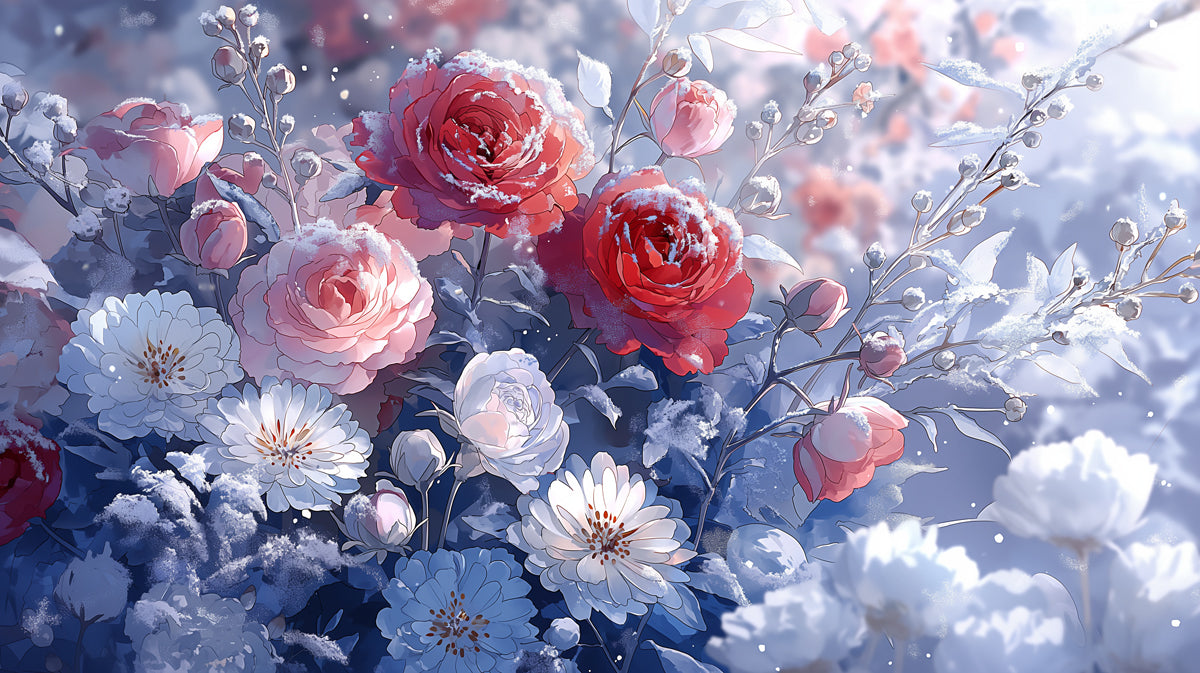 Frosted Winter Rose Wallpaper, Romantic Floral Mural with Snow, Soft Blue & Pink Rose Wall Art, Premium Peel and Stick Custom Decor