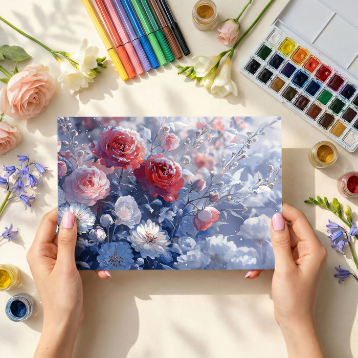 Frosted Winter Rose Wallpaper, Romantic Floral Mural with Snow, Soft Blue & Pink Rose Wall Art, Premium Peel and Stick Custom Decor