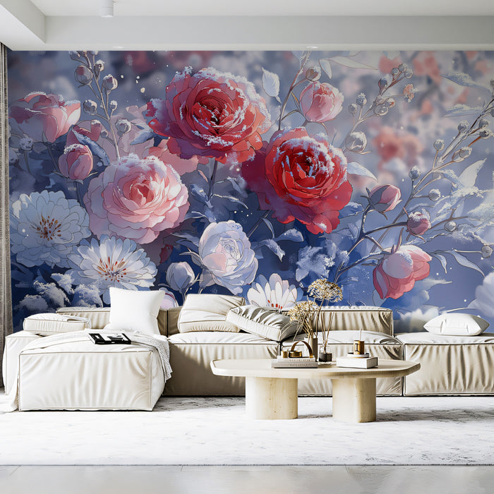 Frosted Winter Rose Wallpaper, Romantic Floral Mural with Snow, Soft Blue & Pink Rose Wall Art, Premium Peel and Stick Custom Decor