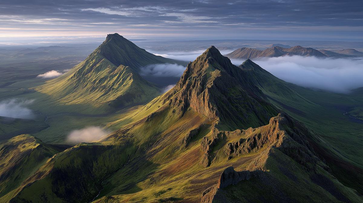 Cinematic Green Mountain Landscape Wallpaper, Mist Volcanic Peak Mural, Nature Inspired Living Room Decor, Custom Large Scale Wall Art