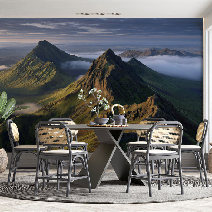 Cinematic Green Mountain Landscape Wallpaper, Mist Volcanic Peak Mural, Nature Inspired Living Room Decor, Custom Large Scale Wall Art