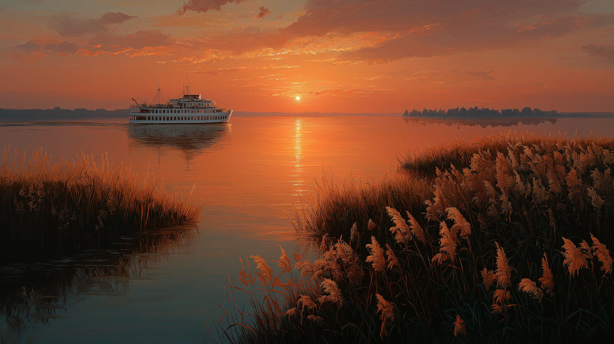 Serene Sunset River Boat Wallpaper, Warm Amber Landscape Mural, Tranquil Waterway Wall Decor, Custom Size Peel and Stick Art