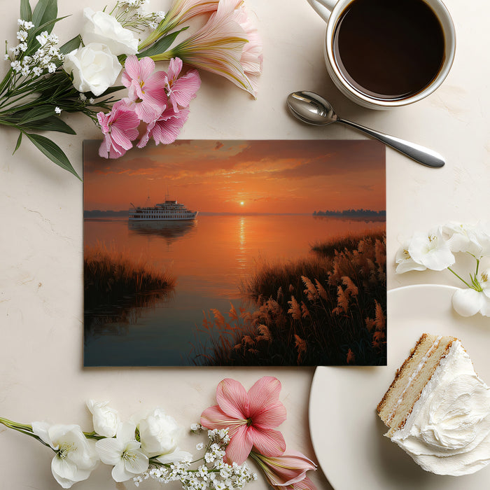 Serene Sunset River Boat Wallpaper, Warm Amber Landscape Mural, Tranquil Waterway Wall Decor, Custom Size Peel and Stick Art