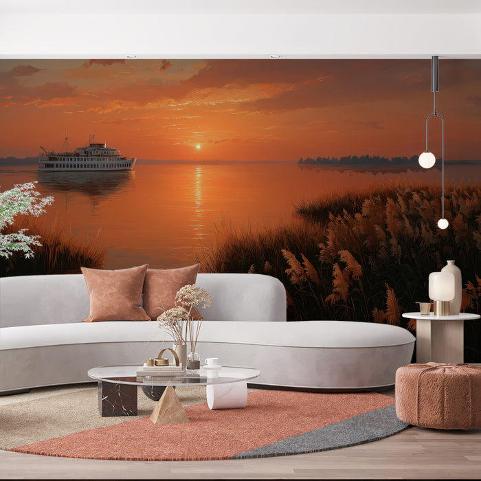 Serene Sunset River Boat Wallpaper, Warm Amber Landscape Mural, Tranquil Waterway Wall Decor, Custom Size Peel and Stick Art
