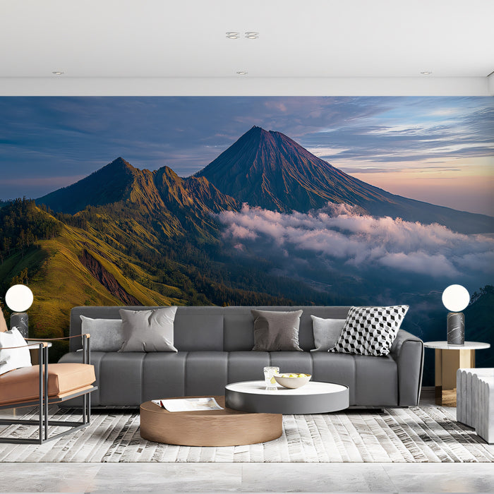 Lush Green Mountain Range Wallpaper, Panoramic Nature Landscape Mural, Biophilic Design Wall Decor, Custom Fit Peel and Stick Mural