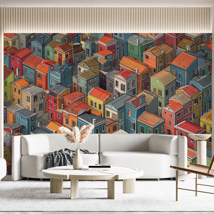 Colorful Mediterranean Village Wallpaper, Isometric Travel Style Mural, Vibrant Playroom Decor, Custom Artistic Peel and Stick Wall Covering