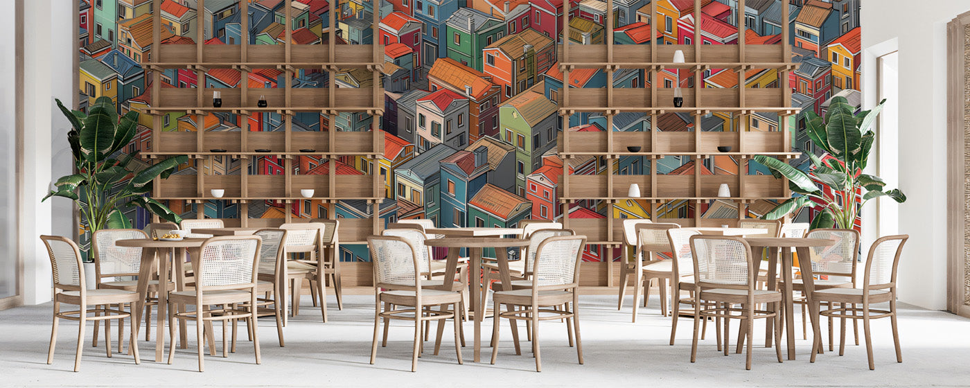 Colorful Mediterranean Village Wallpaper, Isometric Travel Style Mural, Vibrant Playroom Decor, Custom Artistic Peel and Stick Wall Covering
