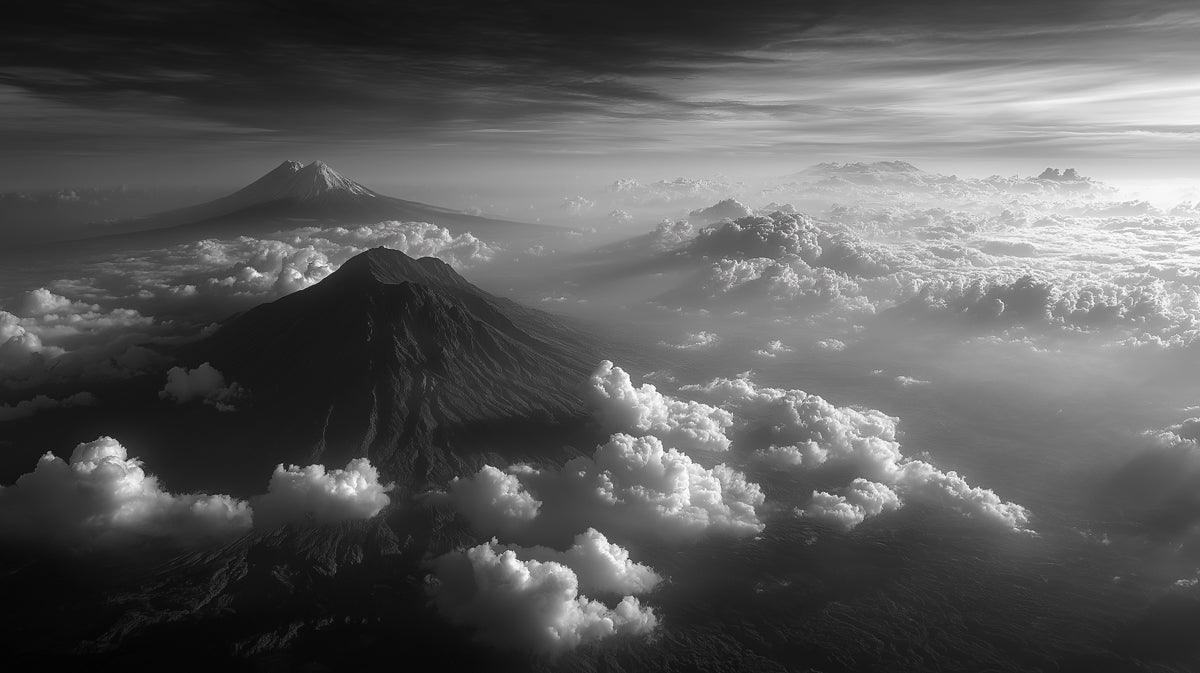 Dramatic B&W Volcanic Peak Wallpaper, black and white Aerial Landscape Mural, Modern Industrial Wall Decor, Custom Large Scale Peel and Stick