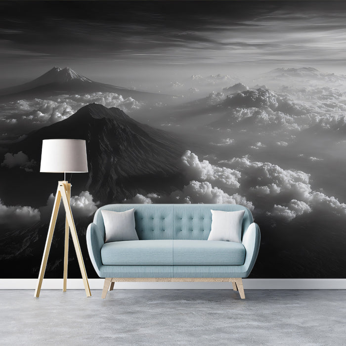 Dramatic B&W Volcanic Peak Wallpaper, black and white Aerial Landscape Mural, Modern Industrial Wall Decor, Custom Large Scale Peel and Stick