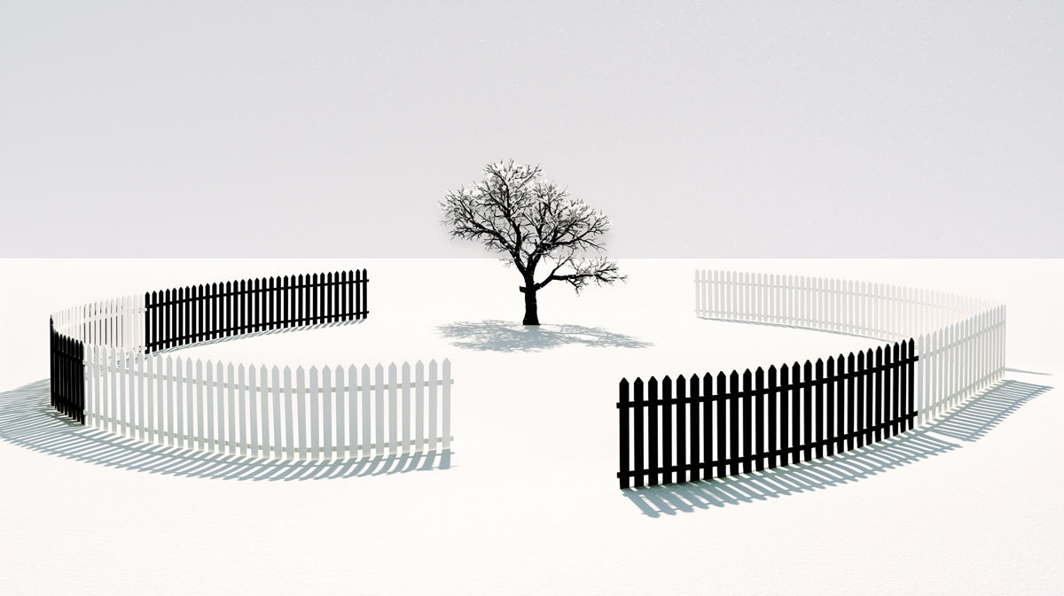 Minimalist Tree and Fence Wallpaper, Surreal B&W Landscape Mural, Modern Conceptual Wall Art, Custom Size Peel and Stick black and white Decor