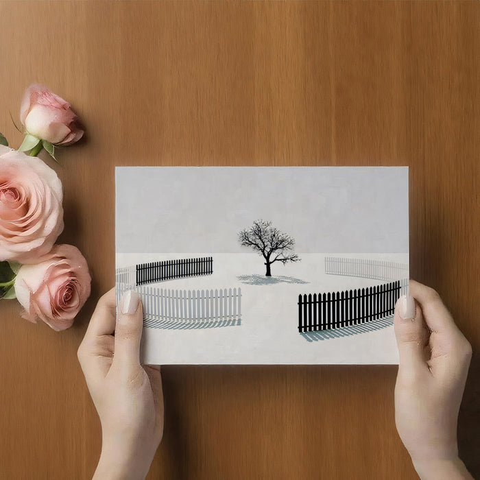 Minimalist Tree and Fence Wallpaper, Surreal B&W Landscape Mural, Modern Conceptual Wall Art, Custom Size Peel and Stick black and white Decor