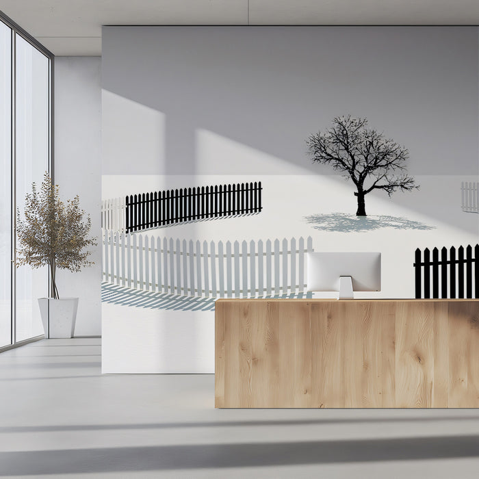 Minimalist Tree and Fence Wallpaper, Surreal B&W Landscape Mural, Modern Conceptual Wall Art, Custom Size Peel and Stick black and white Decor