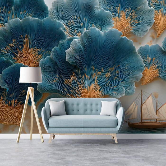 Artistic Teal Foliage and Sailboat Mural, Nautical Coral Wall Art, 3D Texture Effect Wallpaper, Custom Size Premium Peel and Stick