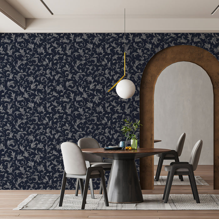 Delicate Silver Vine Wallpaper, Navy Blue Damask Pattern, Classic Elegant Wall Covering, Custom Size Peel and Stick Traditional Decor