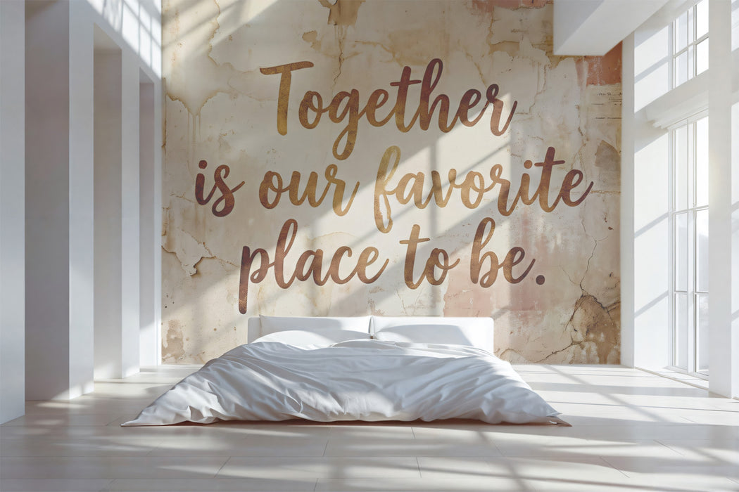 Rustic Quote Wallpaper "Together is Our Favorite Place", Shabby Chic Wall Mural, Warm Text Art Decor, Custom Size Peel and Stick Typography