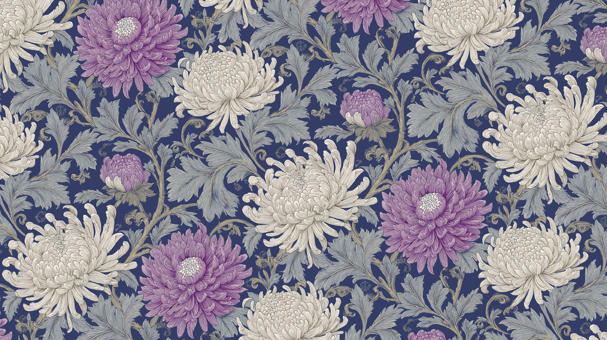 Ornate Purple Chrysanthemum Wallpaper, Large Scale Floral Mural, Oriental Style Wall Decor, Custom Size Premium Peel and Stick Fabric