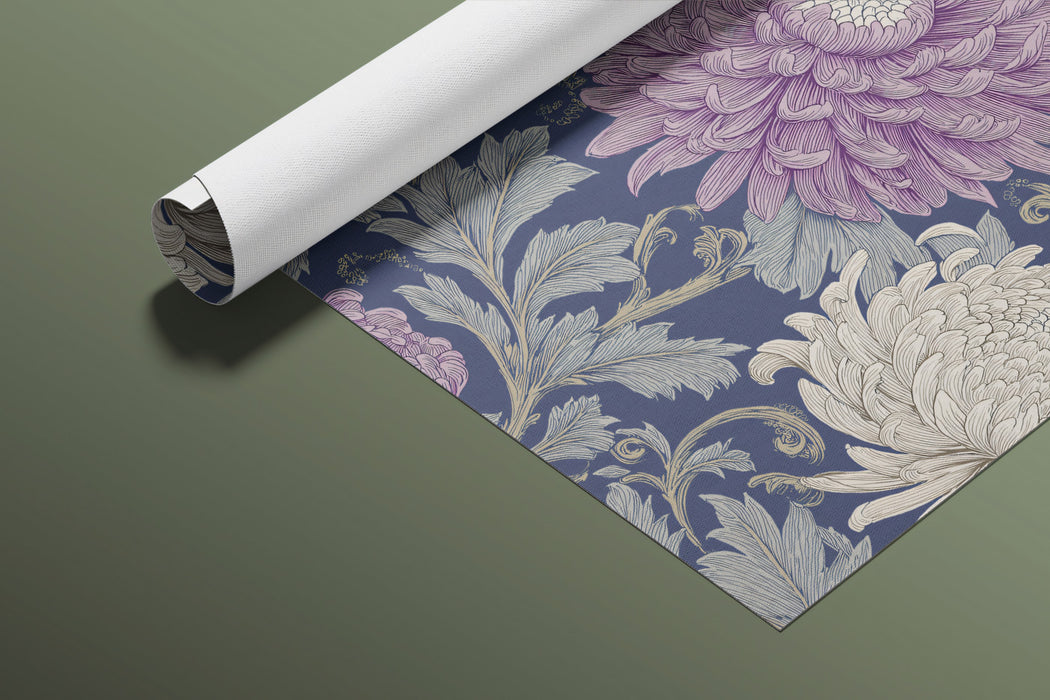 Ornate Purple Chrysanthemum Wallpaper, Large Scale Floral Mural, Oriental Style Wall Decor, Custom Size Premium Peel and Stick Fabric