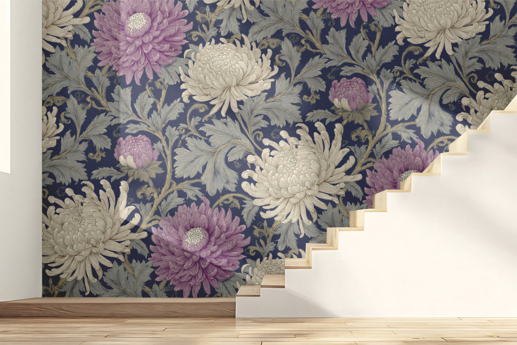Ornate Purple Chrysanthemum Wallpaper, Large Scale Floral Mural, Oriental Style Wall Decor, Custom Size Premium Peel and Stick Fabric