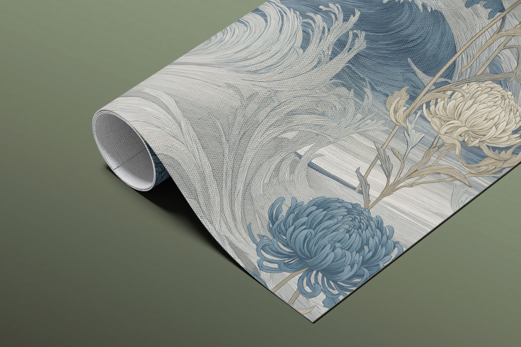 Japanese Wave and Chrysanthemum Wallpaper, Artistic Ukiyo-e Inspired Mural, Blue and Grey Wall Art, Custom Size Premium Peel and Stick