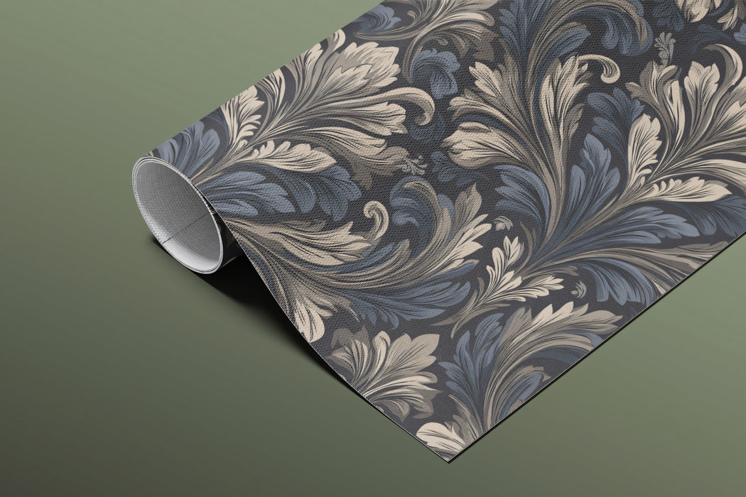 Classical Baroque Damask Wallpaper, Ornate Acanthus Leaf Mural, Luxury Dark Grey Decor, Custom Size Premium Peel and Stick Traditional Pattern