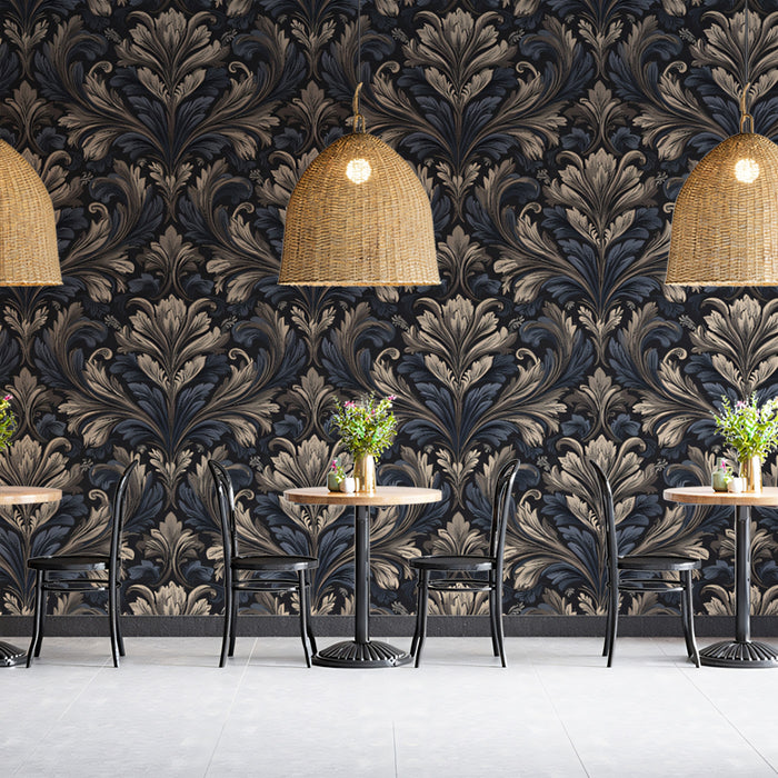 Classical Baroque Damask Wallpaper, Ornate Acanthus Leaf Mural, Luxury Dark Grey Decor, Custom Size Premium Peel and Stick Traditional Pattern