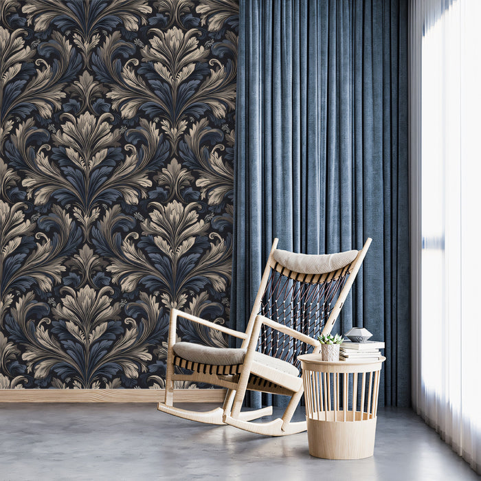 Classical Baroque Damask Wallpaper, Ornate Acanthus Leaf Mural, Luxury Dark Grey Decor, Custom Size Premium Peel and Stick Traditional Pattern